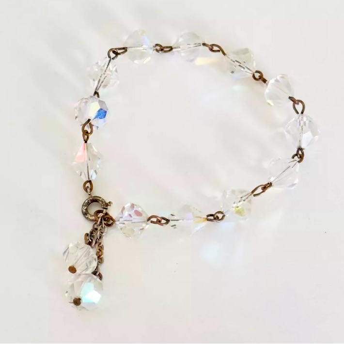 Vintage Clear Aurora Borealis Ab Crystal Faceted Silver Tone Bracelet 7.75